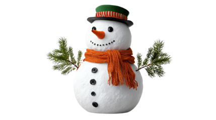 A cheerful snowman with a green and red hat, orange scarf, and twigs for arms, standing against a white isolated background, perfect for festive winter themes.