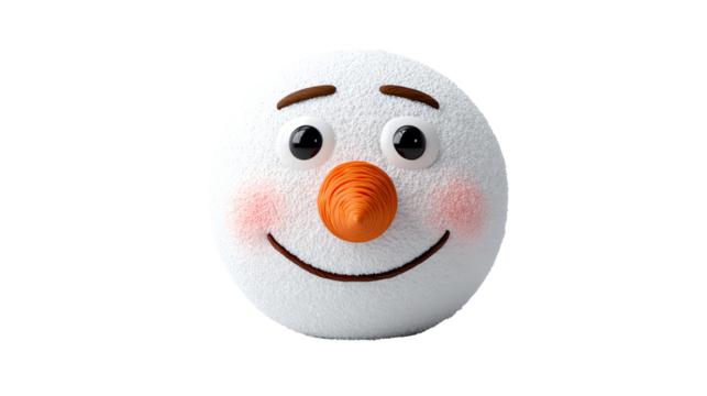 A cheerful, snowman-like character with a round white face, bright smile, and orange carrot nose, designed for a playful and festive atmosphere, isolated on a white background.