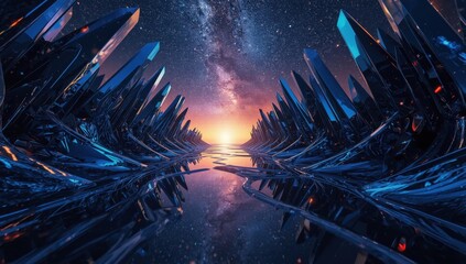 Obraz premium A futuristic, crystalline corridor stretches into a starlit sky, reflecting the vibrant sunrise on a calm water surface.