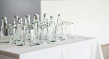 Good conference. Glass water bottles arranged on a white table