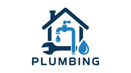 Professional plumbing services logo featuring house faucet wrench and water drop icon
