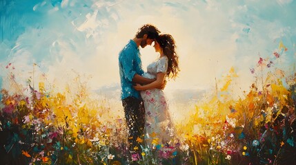 A tender moment captured in an impressionistic painting, depicting a couple embracing amidst a vibrant field of wildflowers under a bright sky.