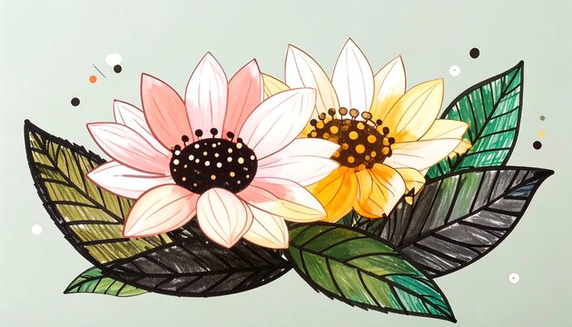 Two colorful flowers with leaves