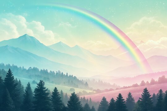 Vibrant rainbow arches over misty mountain peaks and pine forest