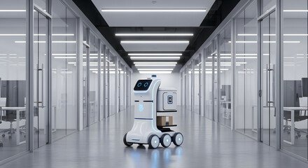 A futuristic delivery robot navigates a modern office corridor, carrying packages autonomously.