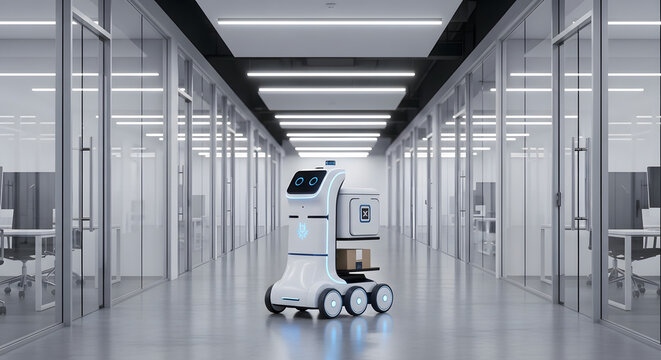 A futuristic delivery robot navigates a modern office corridor, carrying packages autonomously.