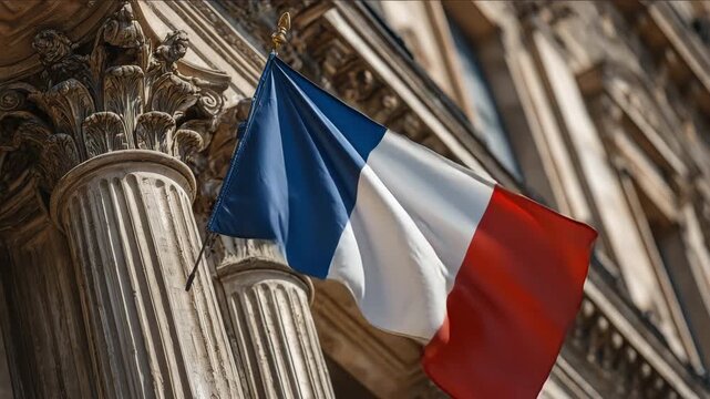 Close-up shot of the French flag waving gently against a historic building backdrop, showcasing intricate architectural details in warm sunlight.