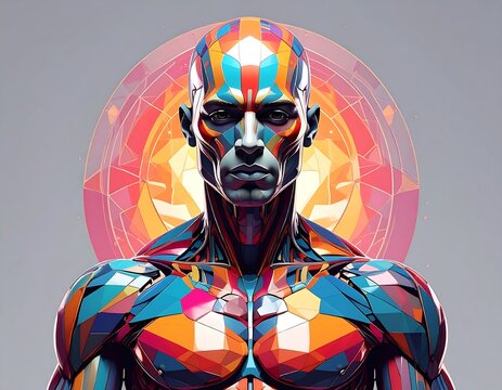Colorful digital portrait of a muscular man with geometric patterns