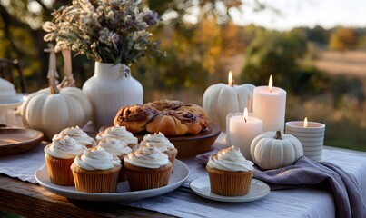 pumpkin spice frosting piped onto cupcakes and cinnamon rolls, sprinkled with cinnamon sugar, 