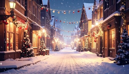 Snowy street, festive lights, Christmas trees