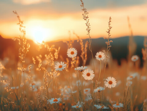 Peaceful closeup white chamomiles daisies background. Beautiful nature flowers. sunset field landscape - Powered by Adobe