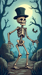 Dancing Skeleton Halloween. Cartoon skeleton in top hat under full moon with bat flying. vertical view.