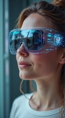 Futuristic VR Glasses. Woman wearing augmented reality smart glasses with holographic display. vertical view.