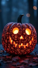 Halloween Pumpkin Lantern. Glowing carved jack-o'-lantern with detailed patterns on autumn leaves background. vertical view.