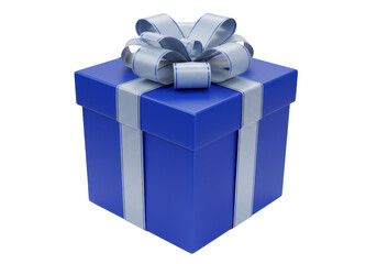 Isolated blue gift box with silver ribbon bow a special occasion celebration present object