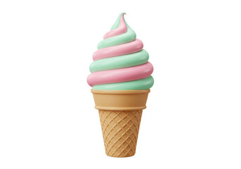 Isolated ice cream cone with pink and green swirl, a sweet and tasty summer treat