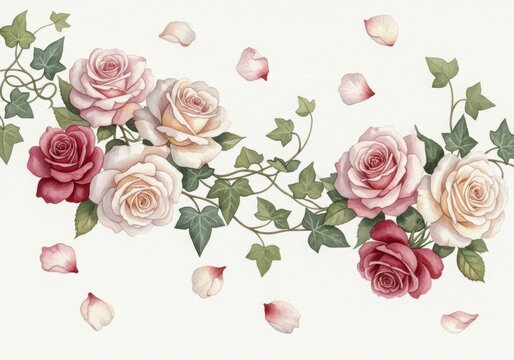 Delicate watercolor painting of pink and red roses with green ivy leaves and falling petals on a textured background