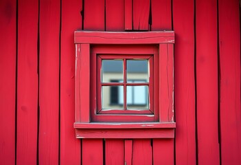 Obraz premium A small, square window in a weathered red wooden house, spring, texture