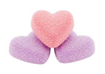 Obraz premium Isolated heart-shaped gummies stacked on each other, pink and purple sugared candies, sweets
