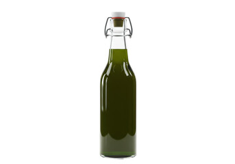 Isolated vintage style bottle with green liquid, sealed with a wired bottle stopper clip
