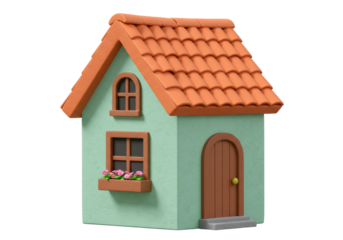 Isolated cheerful clay house, cartoonish illustration of a small hut with orange roof tile