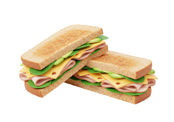Isolated view of two tasty looking sandwiches with ham, cheese and lettuce fillings