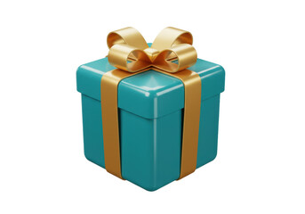 Fototapeta premium Isolated turquoise gift wrapped in golden ribbon and bow for celebrations events