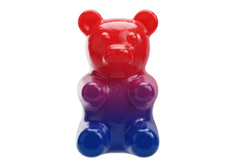 Isolated multicolored candy gummy bear on a clean background, vivid red-blue gradient shape