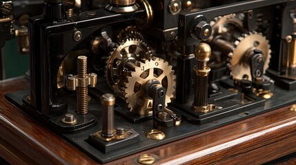 Naklejka premium Intricate Vintage Mechanism with Gears and Cogs Showcasing Beautiful Craftsmanship and Precision Engineering Elements