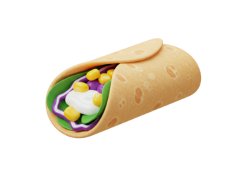 Isolated burrito or wrap with fillings of vegetables and sauce, a popular food choice
