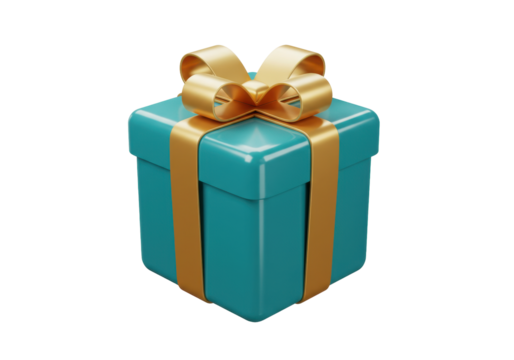 Isolated turquoise gift wrapped in golden ribbon and bow for celebrations events