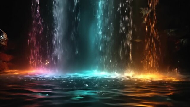Enchanting Colorful Waterfall Display With Illuminated Waterscape - Tranquil Night Scene In Multicolor Splendor