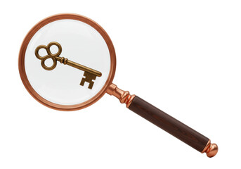 Isolated Antique Key Under Magnifying Glass Concept, Finding Solutions and Discovery Themes
