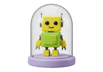 Isolated friendly robot figurine in clear dome, a nostalgic reminder of childhood toys