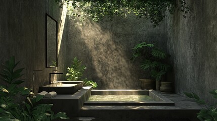 Tranquil spa retreat with sunlit bath and lush greenery offers an escape to wellness and relaxation in a modern, luxurious setting