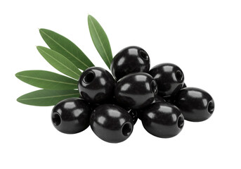Isolated group of shiny black olives with leaves, healthy appetizer for cooking snacks