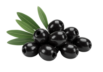 Isolated group of shiny black olives with leaves, healthy appetizer for cooking snacks
