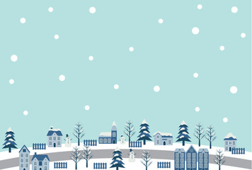 寒中見舞い、昼、雪、冬、街並み、かわいい、シンプル、背景、イラスト、はがき