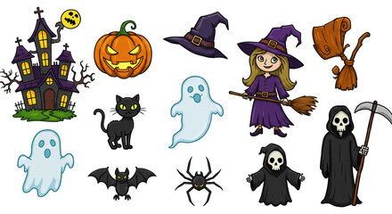 Halloween element set. Design for web banner, scrapbook, greeting card, invitation, poster, template, tag, stickers and party clipart.