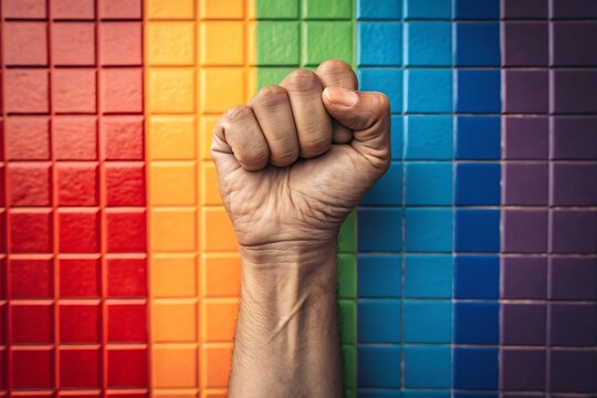 Symbol of strength and unity raised fist against vibrant rainbow pride flag colors background vertical shot - Powered by Adobe