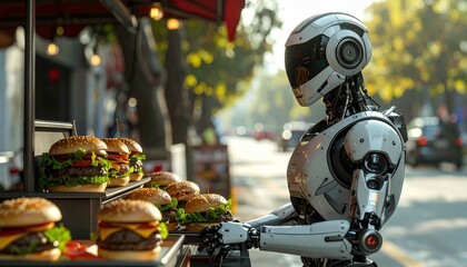 Fototapeta premium Futuristic Robot Serving Delicious Cheeseburger on City Street, Generated image