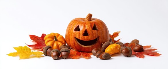 The cheerful pumpkin surrounded by autumn leaves and acorns on a white background.