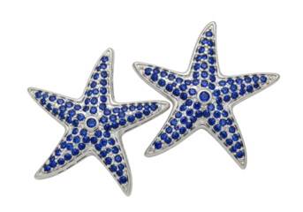 Isolated Silver Earrings Shaped Like Starfish Studded with Blue Sapphires for Women Fashion Jewelry