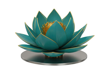 Isolated serene blue lotus flower with gold edging sits atop shiny metallic gray disc