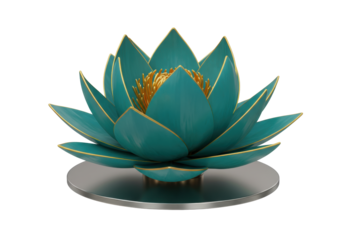 Isolated serene blue lotus flower with gold edging sits atop shiny metallic gray disc