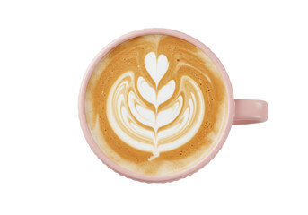 Isolated coffee latte art in pink cup, top view—cappuccino beverage drink with heart shape foam design
