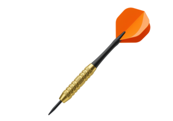 Isolated dart pointing up and right with orange flights, brass barrel, ready for targeting