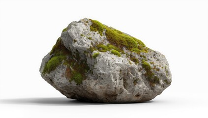 A substantial, light gray rock, speckled with patches of vibrant green moss, is prominently displayed against a plain white background.