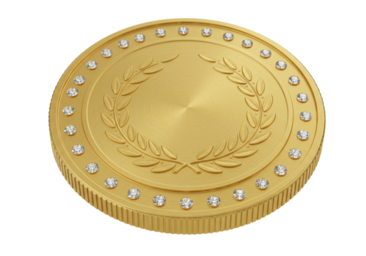 Isolated gold coin with diamond border and laurel, symbolic currency, royalty, reward, cash