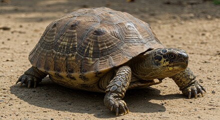 Obraz premium A brown and black patterned turtle with a textured shell walking on a sandy ground under natural light.